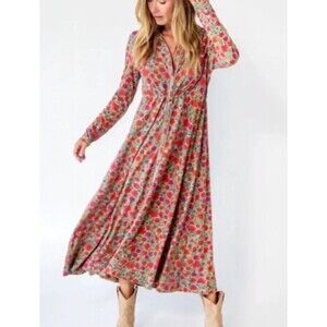 Natural Life Floral Midi Dress Small Cottagecore Button Cinched Waist Boho Flowy